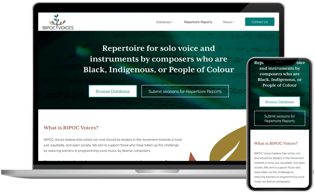 A split view of the BIPOC Voices home page in desktop and mobile.