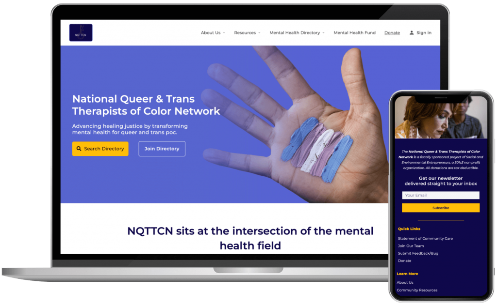 A split view of the NQTTCN home page in desktop and mobile.
