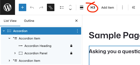 The accordion block added to a page with the current heading level circled as the 8th item in the toolbar.