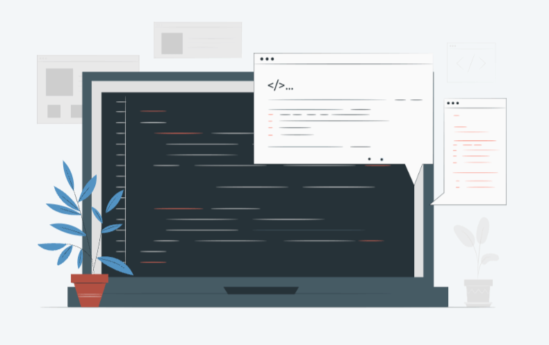 An illustration of a computer surrounded by a plant and open windows with a code editor open on the screen.