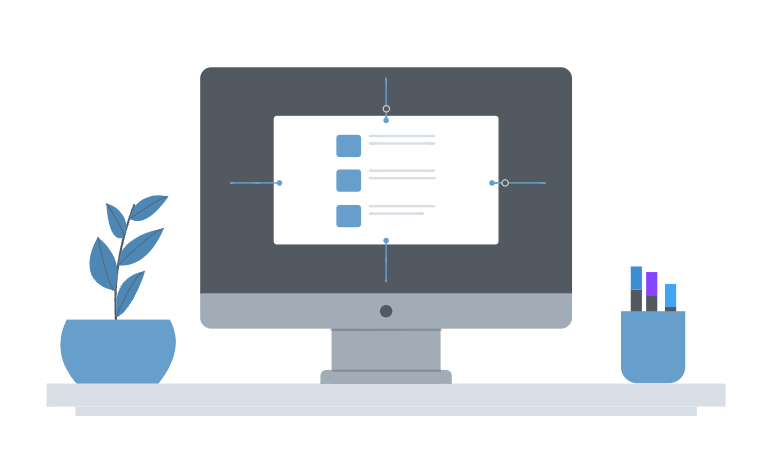An illustration of a computer and two plants on a shelf.