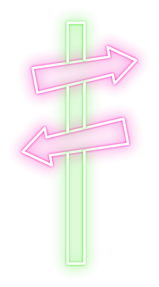 A green neon signpost with left and right pink arrows.