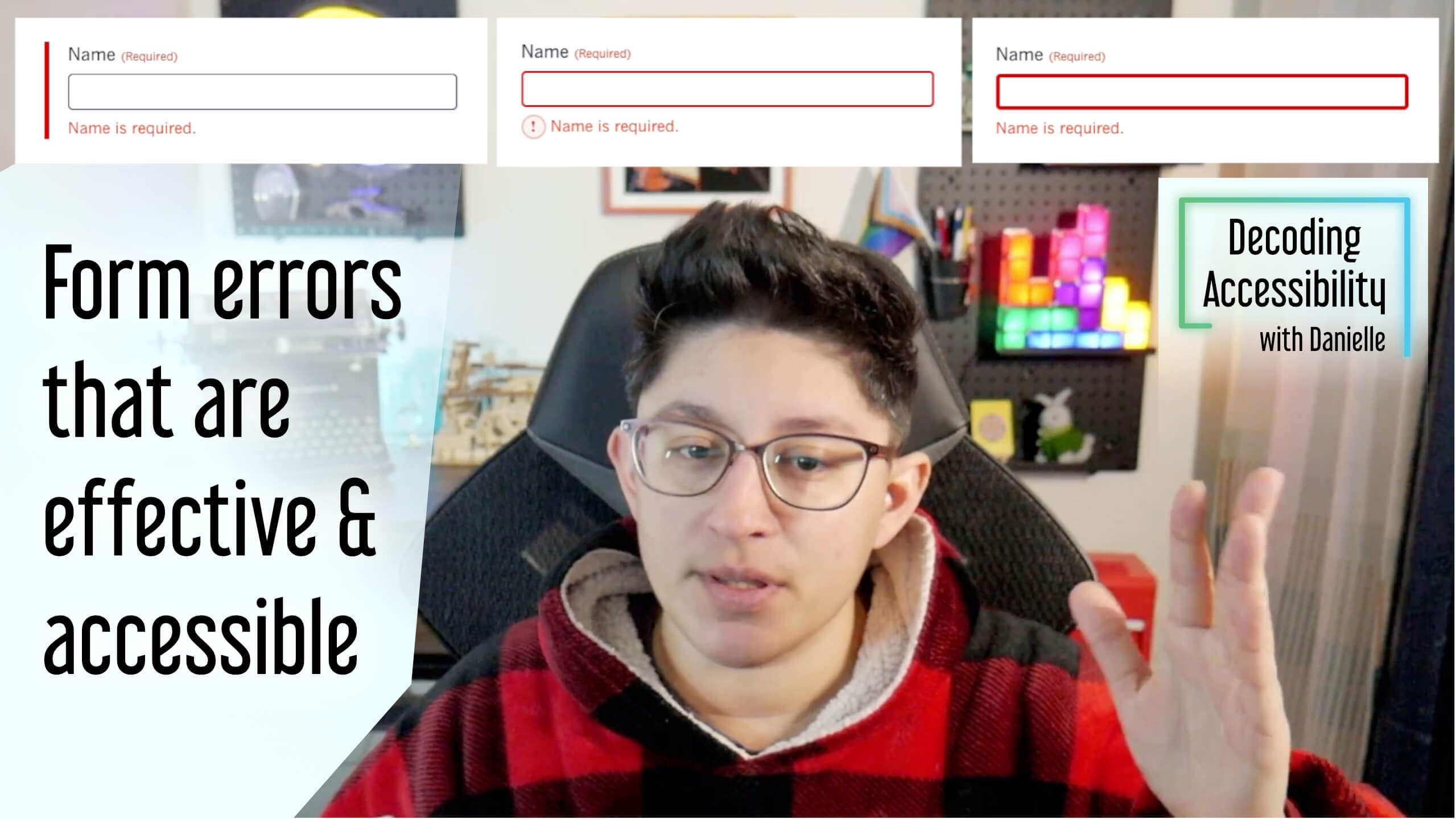 Danielle looking at the camera with their hand open pointing up at the error examples.