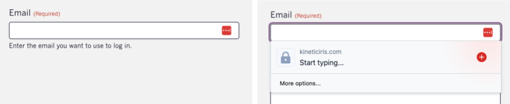 Two screenshots of an email field. The first shows the help text under the field and the second shows a password manager popup blocking the help text.