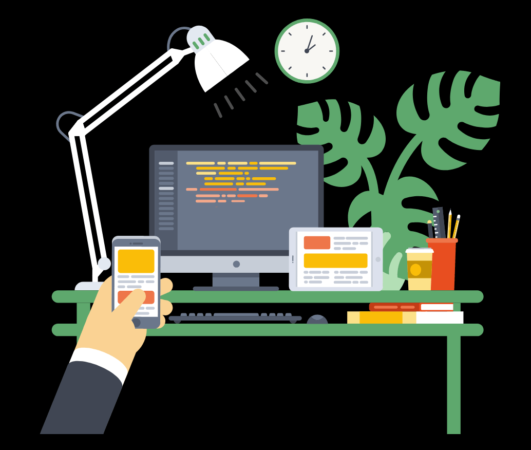 An illustrated desk with a computer, plants, and other things on the desk with a hand holding a phone that has the same design as the tablet.